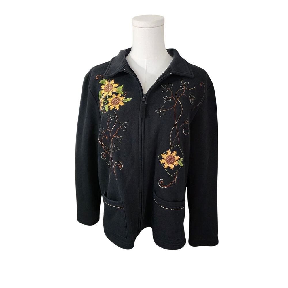 Vtg Breckenridge Sz PL Sunflower Applique Embroidered Full Zip Sweatshirt Floral